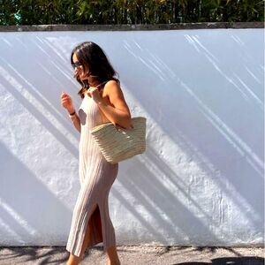 & other stories beige fitted tank dress with scoop back and side slits, NWT